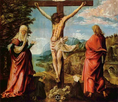 Crucifixion scene, Christ on the Cross with Mary and John by Albrecht Altdorfer