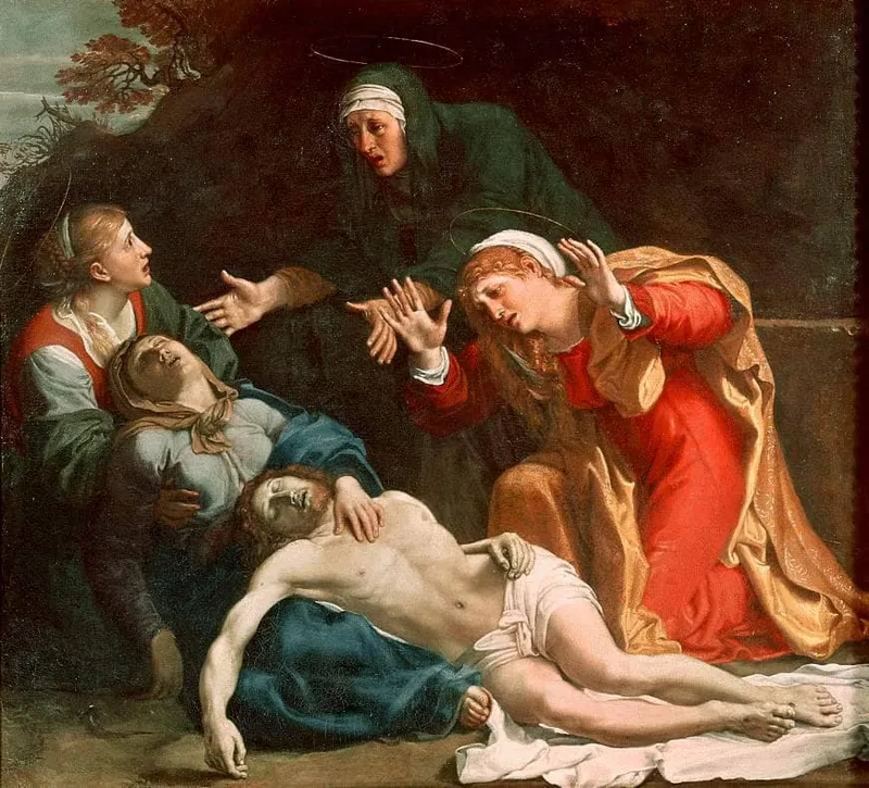 A dead man lies stretched across the foreground, his head against a woman who has fainted backwards into the arms of a younger one. A red-robed woman kneels at the right with both hands raised and her mouth open; an older woman in dark green leans in from behind, and a dark opening in the rock closes the background.
