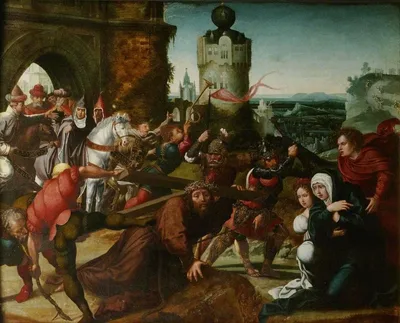 Triptych (middle panel) Christ Falls, with the Cross, Before a City Gate by Bernard Van Orley