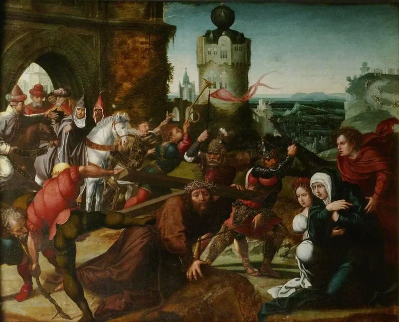Triptych (middle panel) Christ Falls, with the Cross, Before a City Gate by Bernard Van Orley