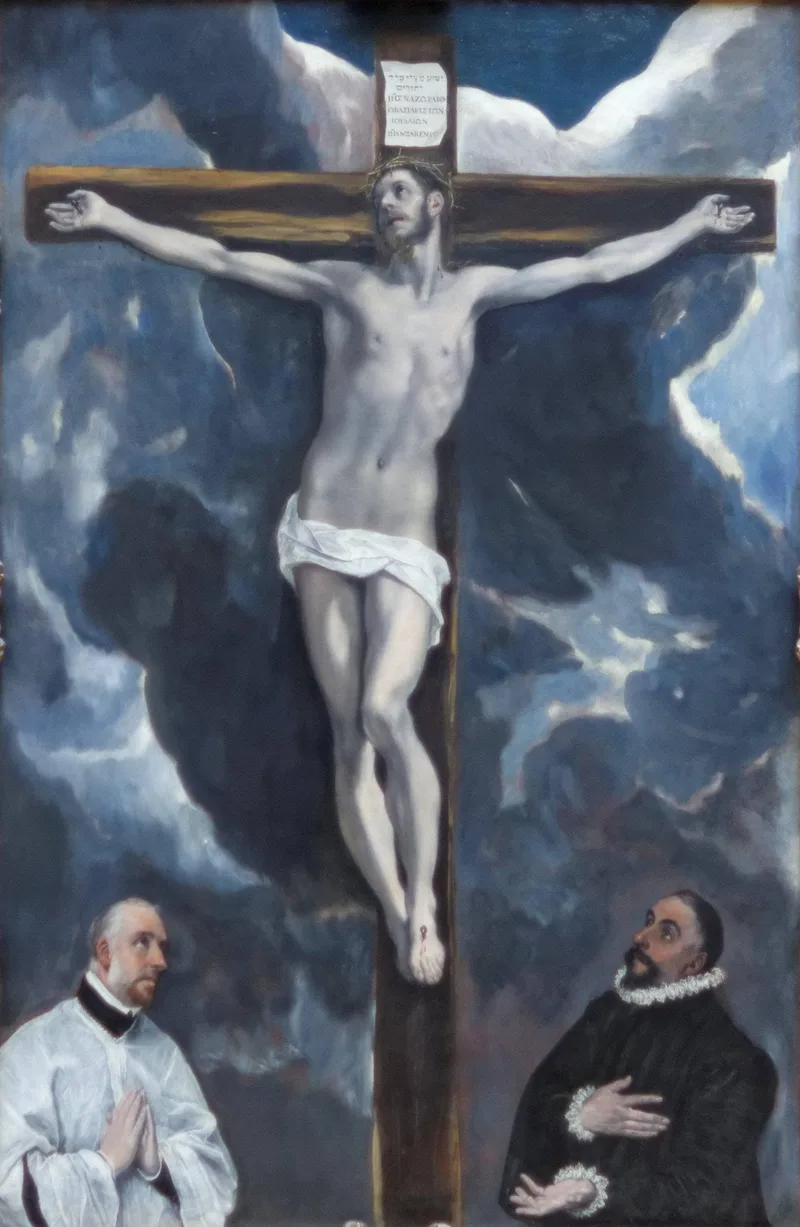Christ on the cross adored by two donors by El Greco, 1590