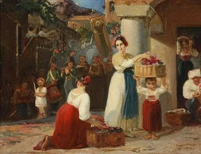View from an Italian town with a Corpus Christi procession moving through the streets by Ernst Meyer