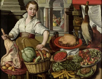 Kitchen scene, with Jesus in the House of Martha and Mary in the background by Joachim Beuckelaer