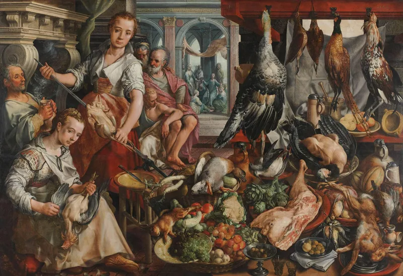 The well-stocked kitchen, with Jesus in the house of Martha and Mary in the background by Joachim Beuckelaer