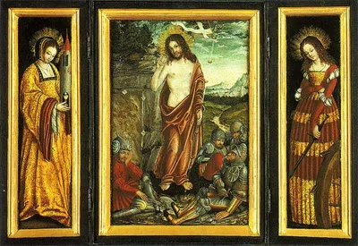 Small winged altar with the Resurrection of Christ, St. Barbara (Left Wing) and St. Catharine (right Wing) by Lucas Cranach the Elder