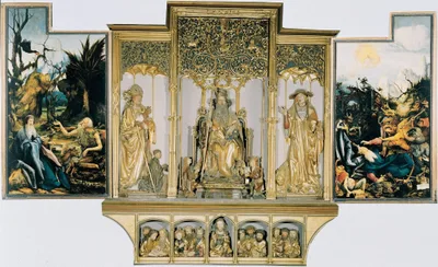 The second view of the altar. St Anthony Visiting St Paul the Hermit in the Desert (left), The Temptation of St. Anthony (right). Central part are carved figures of St. August, St. Anthony, St. Jerome; bottom part Jesus with 12 Apostles. by Matthias Grünewald