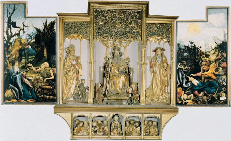 The second view of the altar. St Anthony Visiting St Paul the Hermit in the Desert (left), The Temptation of St. Anthony (right). Central part are carved figures of St. August, St. Anthony, St. Jerome; bottom part Jesus with 12 Apostles. by Matthias Grünewald, 1515