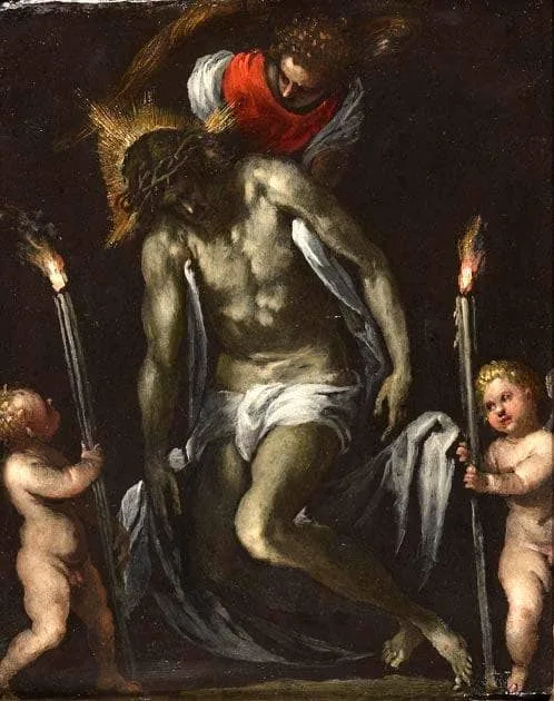 The Dead Christ Supported by An Angel with Two Putti Each Supporting a Cero by Palma il Giovane, 1575