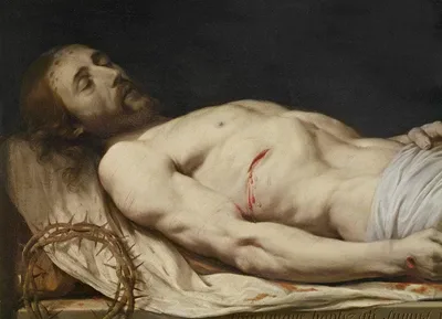 The Dead Christ laid down on his Shroud detail of mid to upper body by Philippe de Champaigne